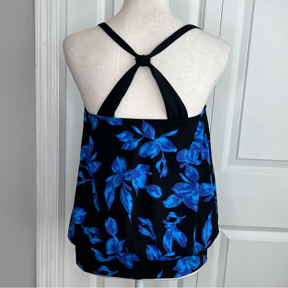 Lands’ End Blue Black Floral Blouson Racerback Tankini Swimsuit Top 8 Shelf Bra - Picture 8 of 12